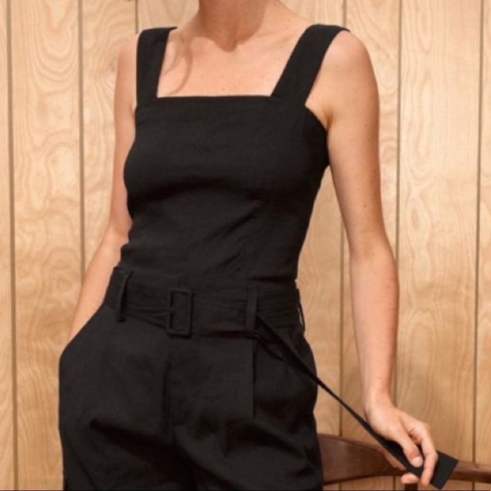 Vince Linen Square Neck Black Tank Buttons Wide Straps